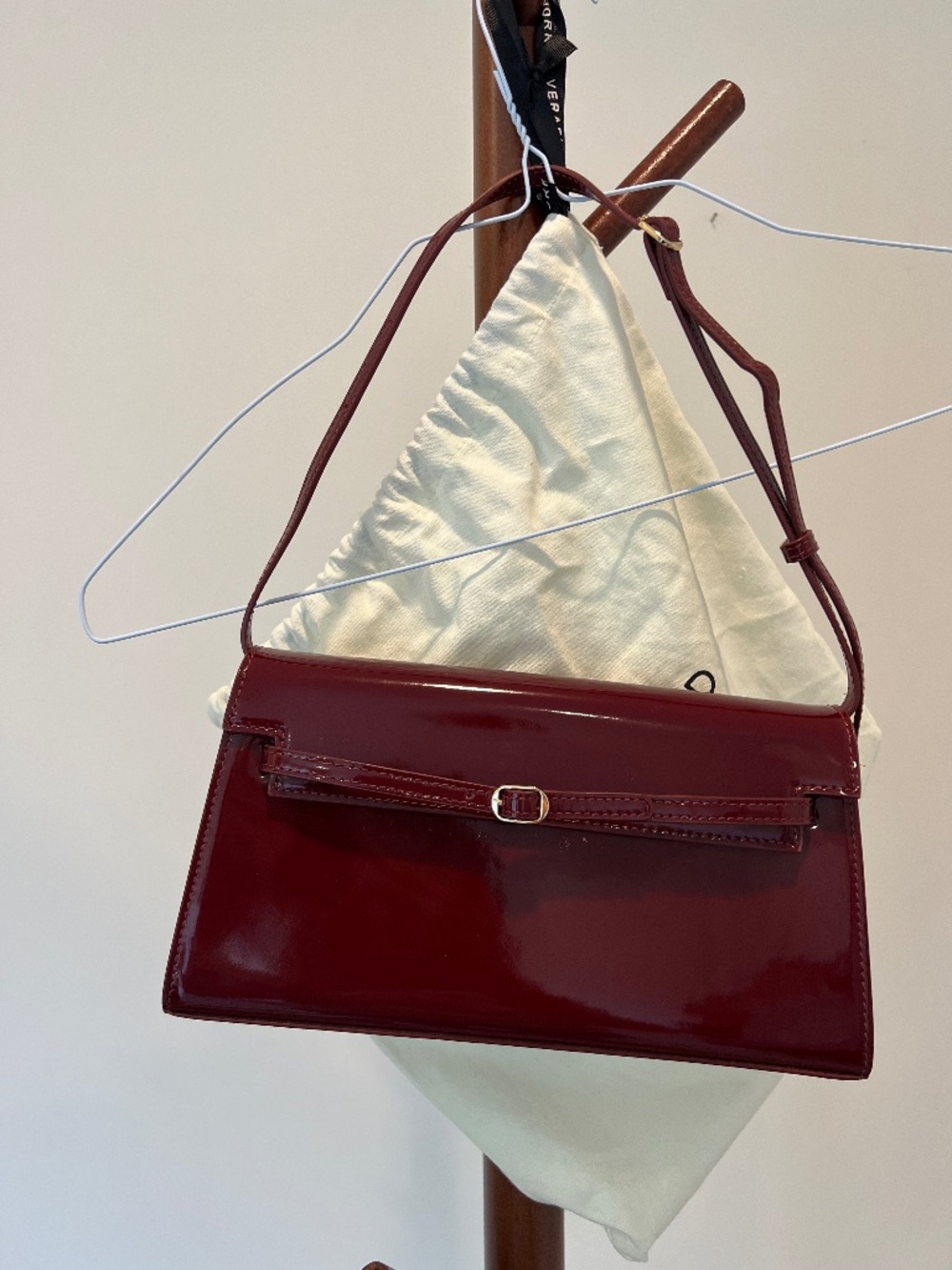 VERAFIED New York Patent Leather Belted Shoulder Bag Burgundy Cherry Dust Bag